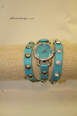 Neon Blue Silver Studs & Clear Rhinestones | Leather Band w/ Button Clasp