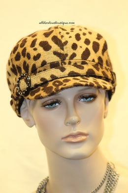 Newsboy Round Top Hat | Leopard Print with Black Pendant Clear Rhinestones
