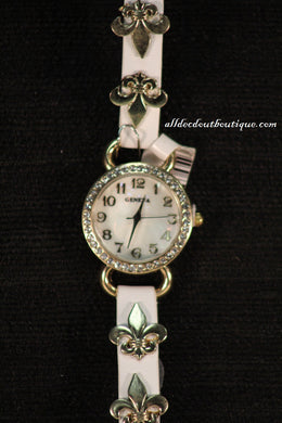 White/White Fleur de Lis | Leather Band w/ Button Clasp
