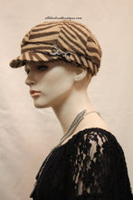 Newsboy Round Top Hat | Brown Zebra Print with Metal Buckle Clear Rhinestones