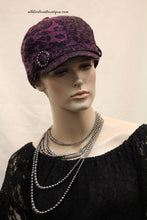 Newsboy Round Top Hat | Purple Leopard Print with Black Pendant Clear Rhinestones
