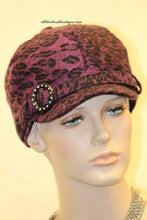 Newsboy Round Top Hat | Purple Leopard Print with Black Pendant Clear Rhinestones