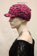 Newsboy Round Top Hat | Pink Leopard Print with Black Pendant Clear Rhinestones