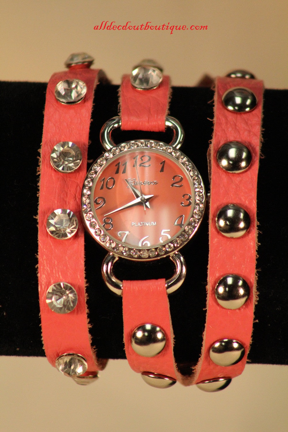 Pink/Pink Silver Studs & Clear Rhinestones | Leather Band w/ Button Clasp