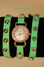 Green/White Silver Studs & Clear Rhinestones | Leather Band w/ Button Clasp