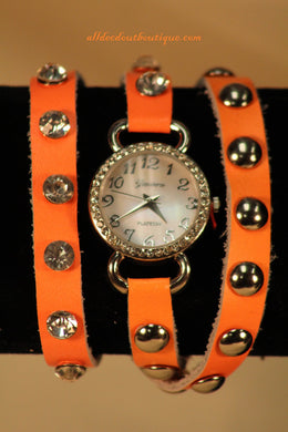 Orange/White Silver Studs & Clear Rhinestones | Leather Band w/ Button Clasp