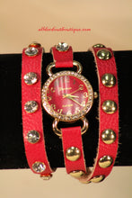 Red/Red Silver Studs & Clear Rhinestones | Leather Band w/ Button Clasp