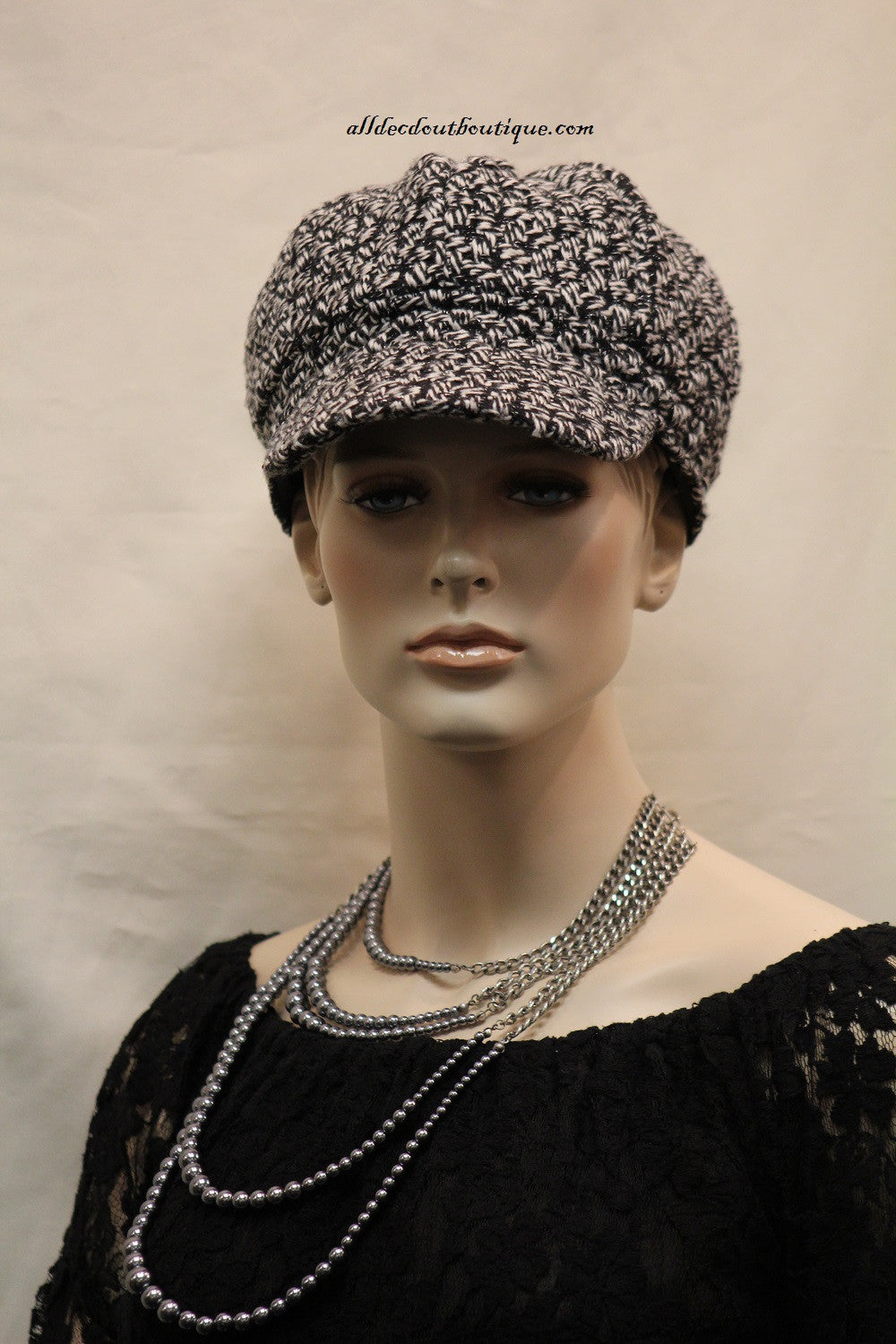 Newsboy Round Top Hat | Knit Black and White with Silver Stitching 