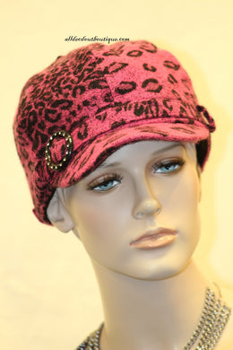 Newsboy Round Top Hat | Pink Leopard Print with Black Pendant Clear Rhinestones