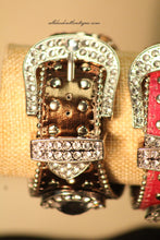 Brown/White Silver Studs & Clear Rhinestones | Leather Band with Button Clasp