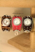 Brown/White Silver Studs & Clear Rhinestones | Leather Band with Button Clasp