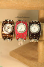 Brown/White Silver Studs & Clear Rhinestones Leather Band with Buckle Clasp