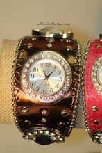 Brown/White Silver Studs & Clear Rhinestones | Leather Band with Button Clasp