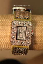 Green/White Clear Rhinestones Leather Band with Buckle Clasp
