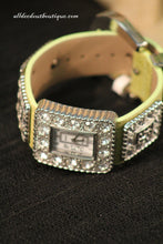Green/White Clear Rhinestones Leather Band with Buckle Clasp