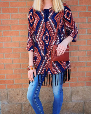 Blu Pepper Navy Boho Print Fringe Tunic Dress | All Dec'd Out