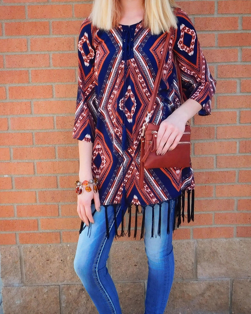 Blu Pepper Navy Boho Print Fringe Tunic Dress