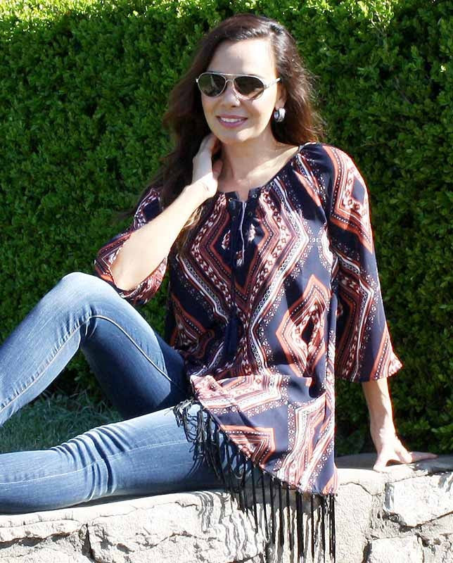 Blu Pepper Navy Boho Print Fringe Tunic Dress