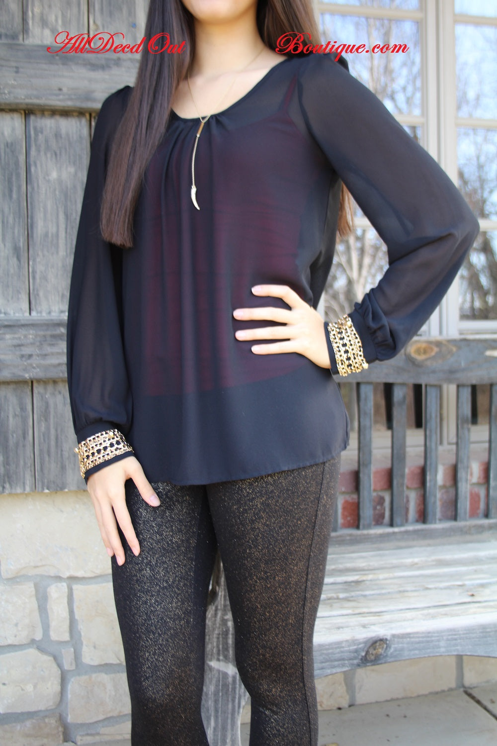 Double Zero | Black Sheer Top with Gold Chain Cuffs