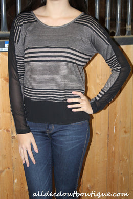 Double Zero | Striped Top with Sheer Trim Black