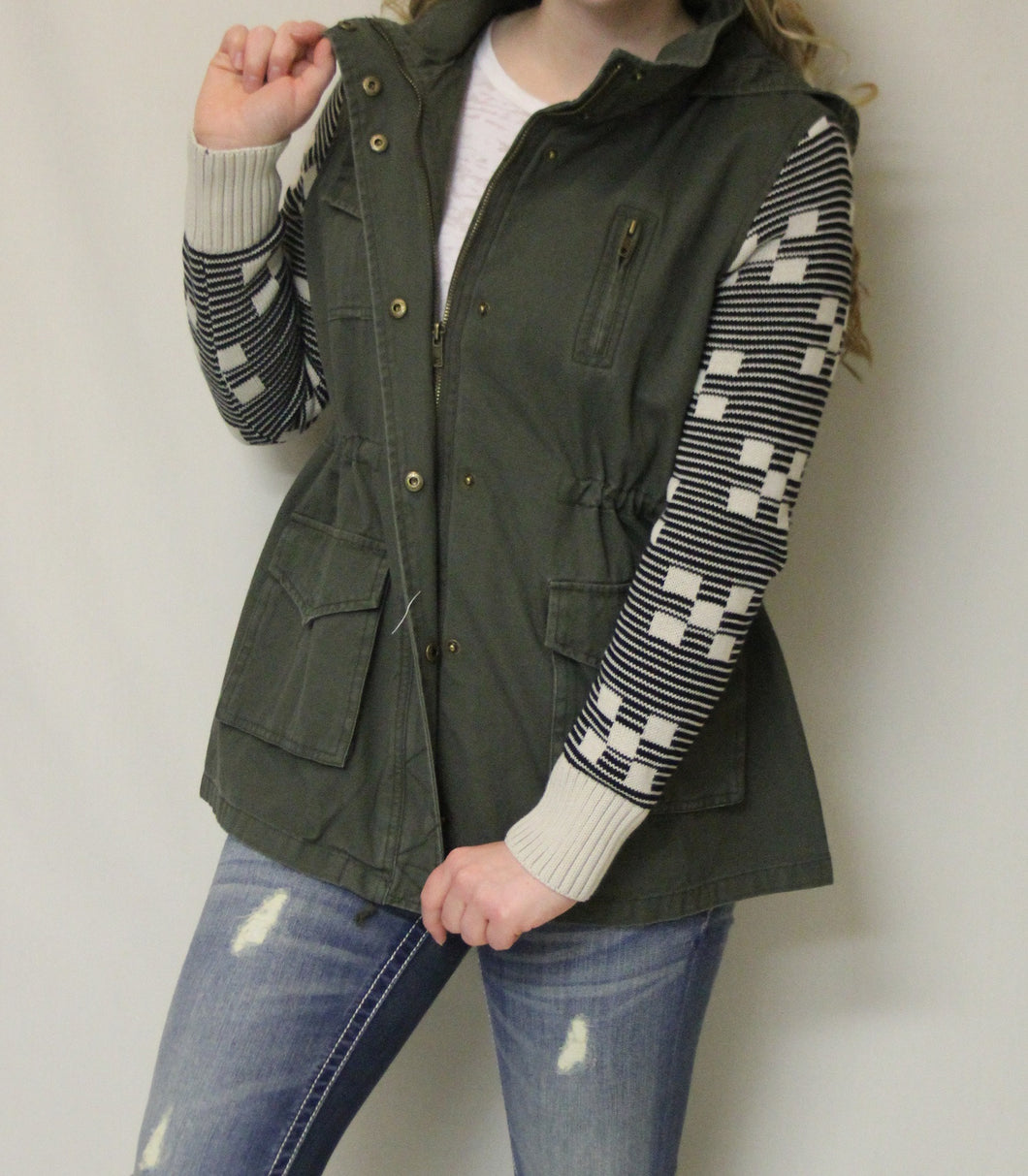 Double Zero | Olive Cargo Jacket with Sweater Sleeves