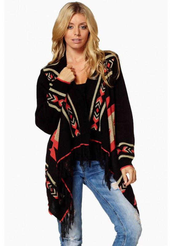 Elan Aztec Print Sweater Cardigan Black All Dec d Out