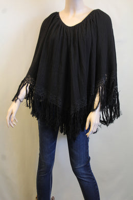 Elan | Poncho with Fringe Black