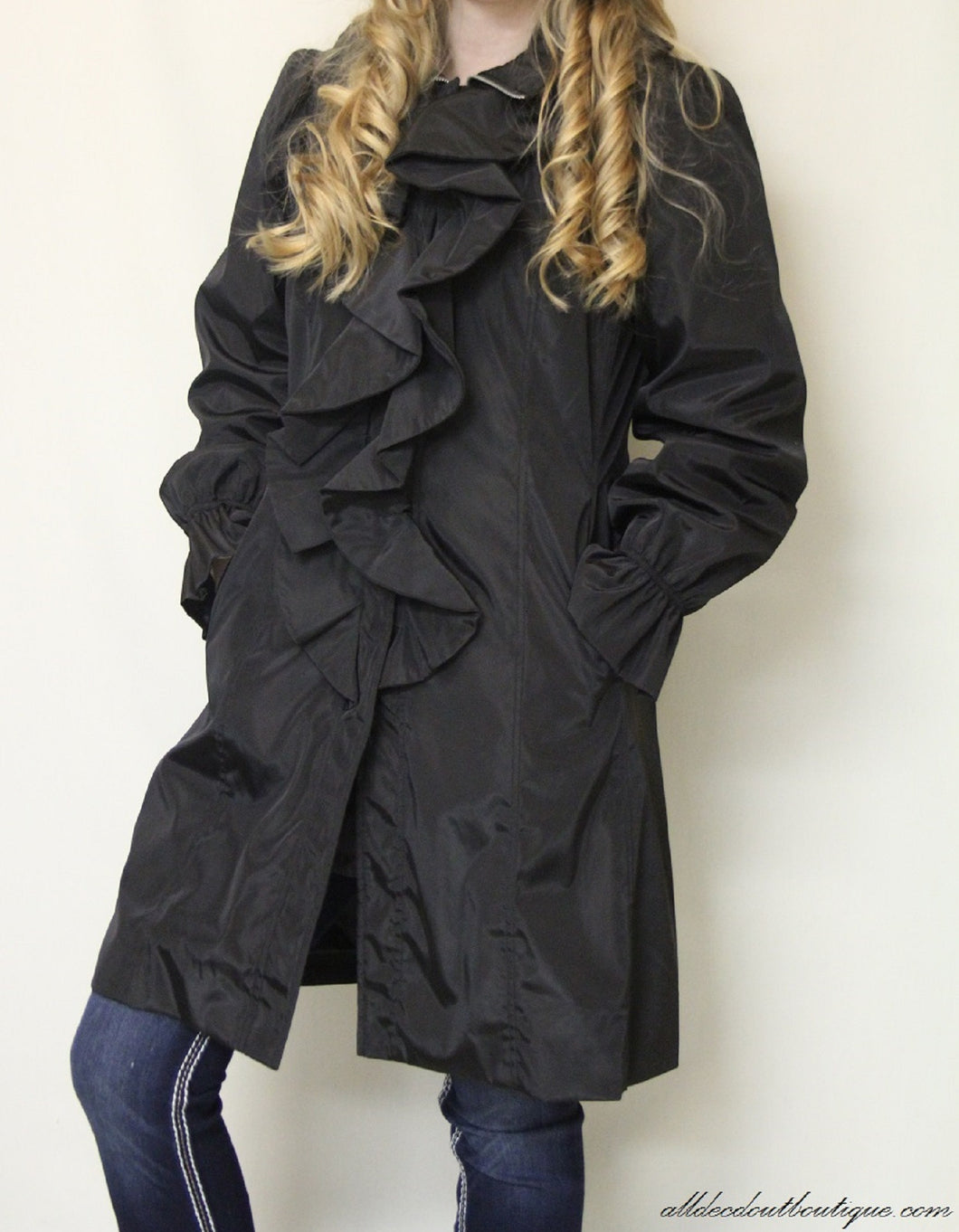 Black ruffle coat hotsell
