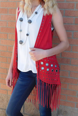Firmiana Vest with Metal Rings and Leather Fringe Red | All Dec'd Out