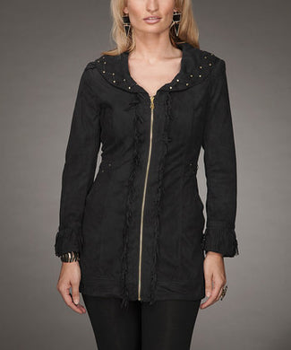 Firmiana Coat with Zipper and Fringe Black | All Dec'd Out