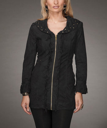 Firmiana Coat with Zipper and Fringe Black | All Dec'd Out