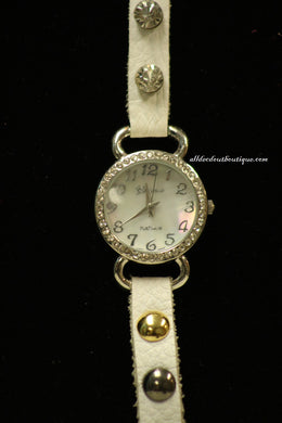 White/White, Gold & Silver Studs & Clear Rhinestones | Leather Band with Button Clasp - All Decd Out