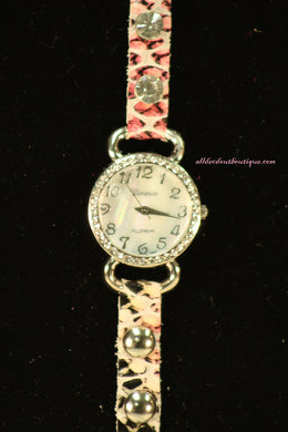 Pink & White/White, Band Reptile Print Leather Band w/ Buckle Clasp