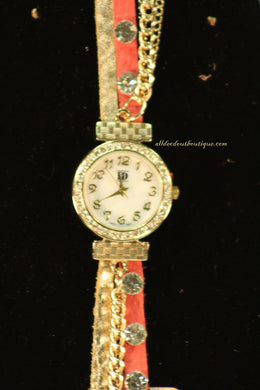 Pink & Gold/White, Gold Chain, Clear Rhinestones | Leather Band w/ Button Clasp