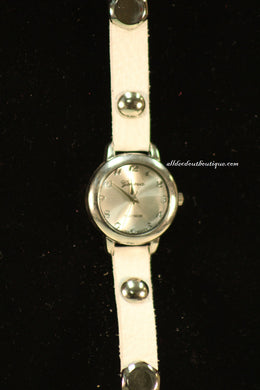 White/Silver, Silver Studs, Metal Chain Links, Leather Band w/ Fold Over Clasp