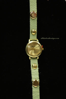 Green/Gold, Gold & Silver Studs, Metal Chain Links | Leather Band w/ Fold Over Clasp