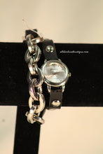 Black/Silver, Silver Studs, Metal Chain Links | Leather Band w/ Fold Over Clasp
