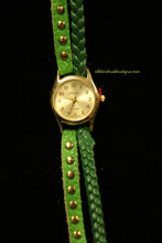 Green/Gold, Gold Studs & Braid | Leather Band with Button Clasp