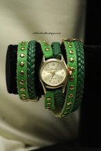 Green/Gold, Gold Studs & Braid | Leather Band with Button Clasp