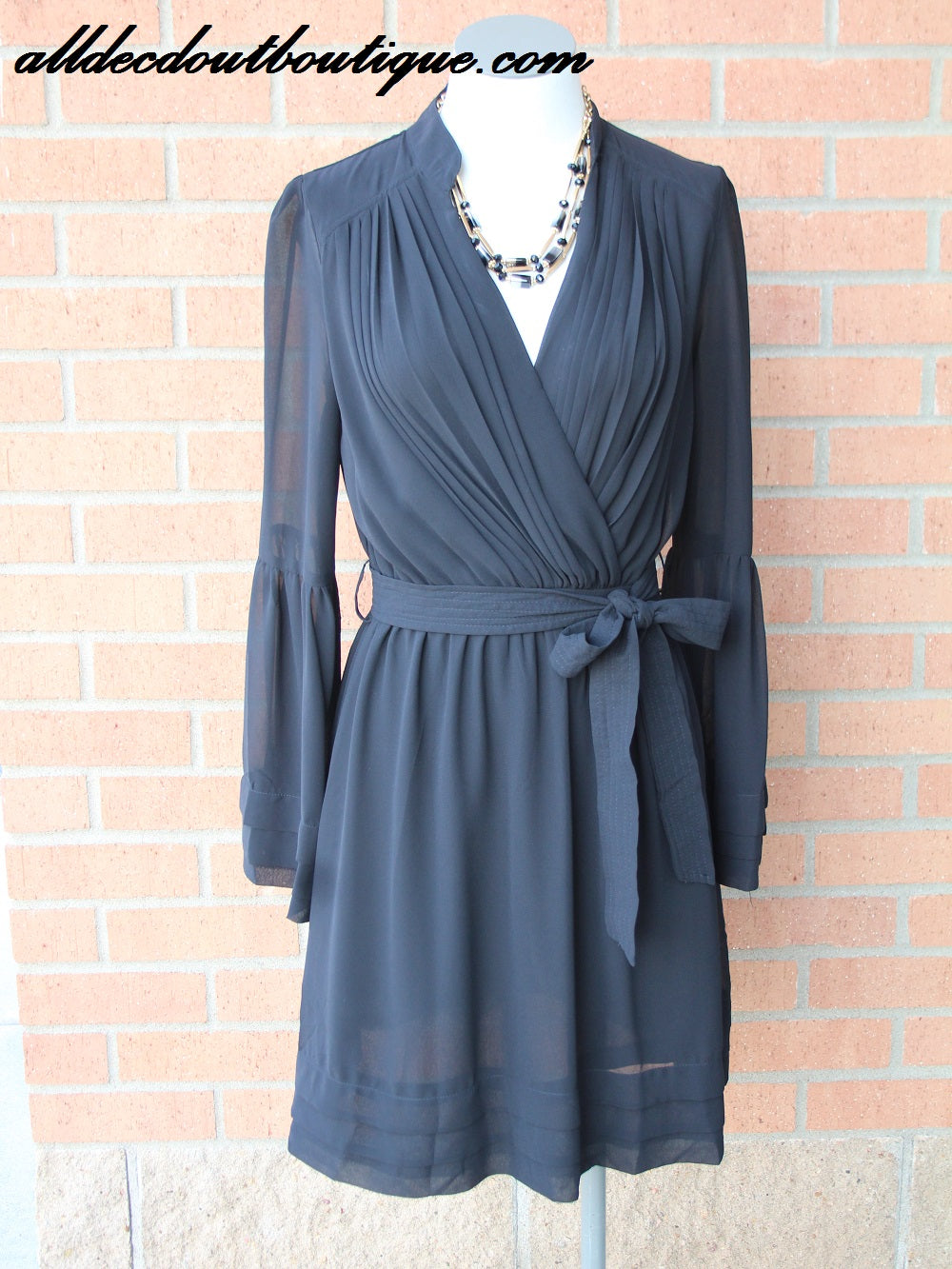 Yahada | Belted Bell Sleeve Dress Black
