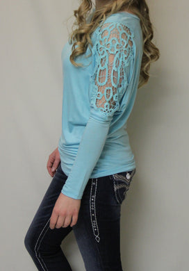 Julila | Lace Cut-Out Dolman Long Sleeve Top Aqua