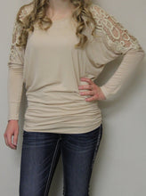 Julila | Lace Cut-Out Dolman Long Sleeve Top Taupe