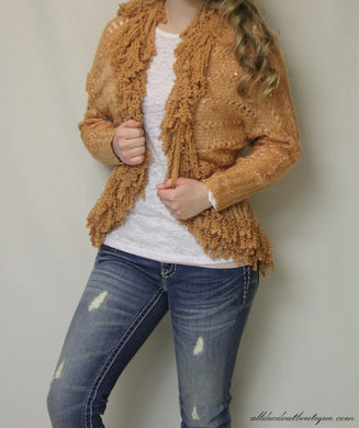 Lily | Crochet Peach with Ruffle Trimming and Sequin Cardigan