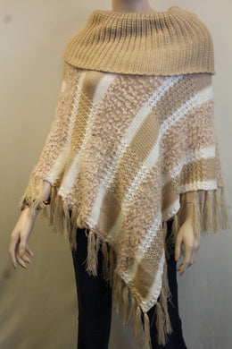 Lily | Crochet Striped Sweater Poncho Beige & White