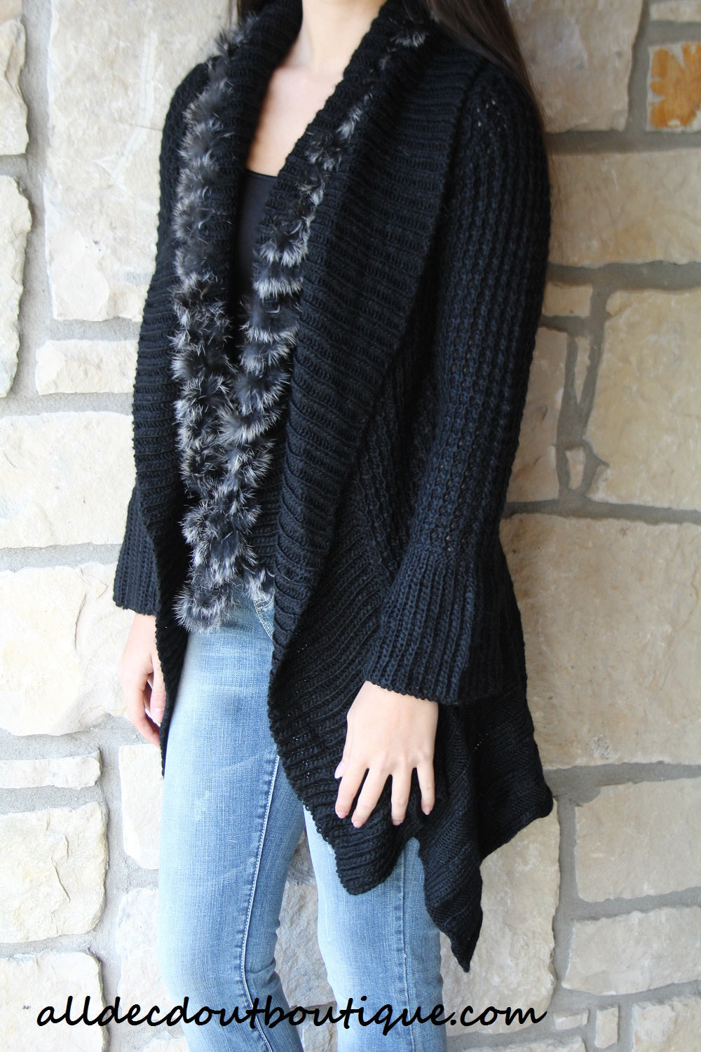 Lily | Crochet Black Sweater Cardigan with Fur Trim