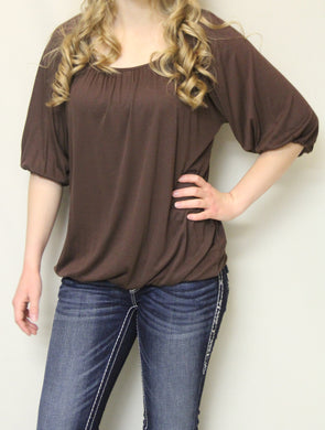 Luxe USA | Solid Brown 3/4 Bishop Sleeve Top
