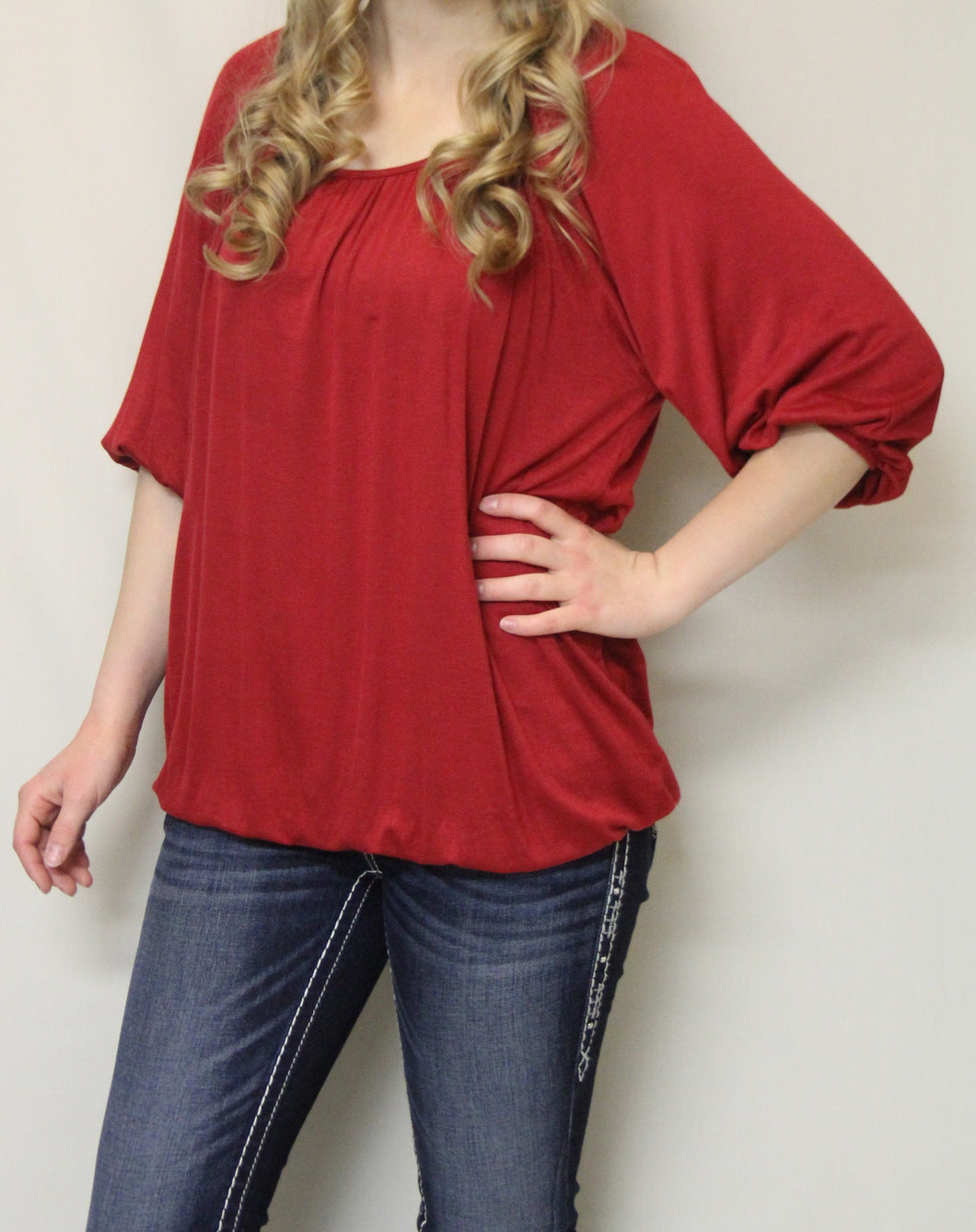 Luxe USA | Solid Red 3/4 Bishop Sleeve Top