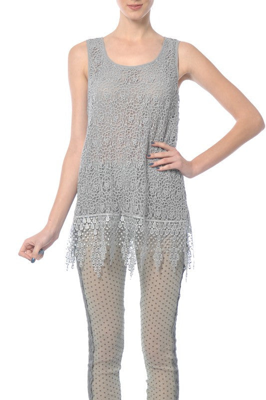 Ryu | Sleeveless Lace Top With Fringe Grey