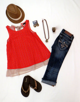 Ryu | Orange/Tan Crochet Overlay Sleeveless Blouse