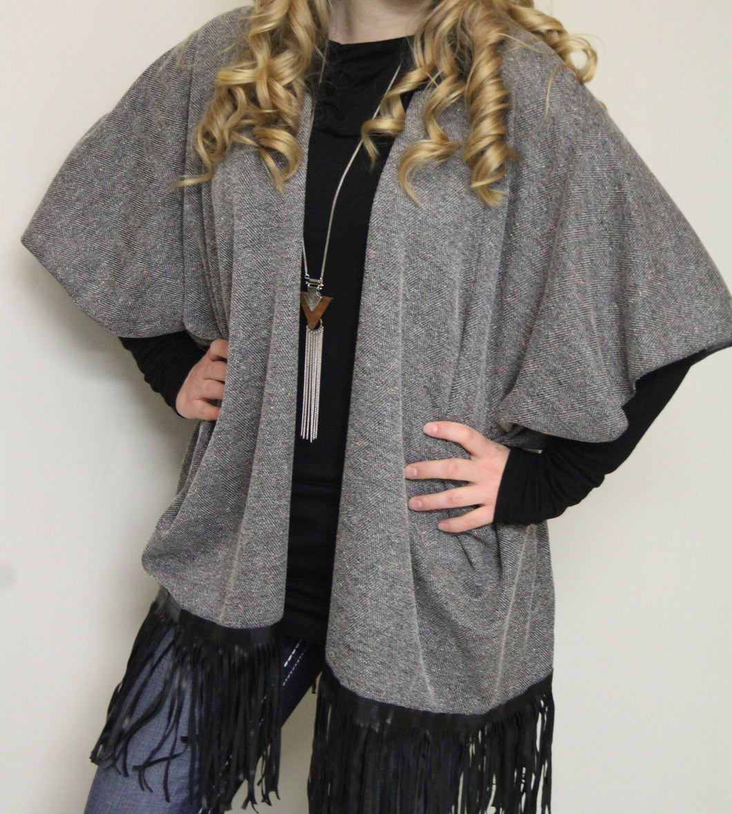 Renee C. | Grey Cardigan with Black Leather Tassels